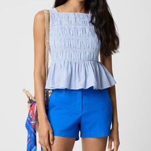 J Crew Striped Smocked Peplum Tank Top Blue White Nautical Preppy Small 6